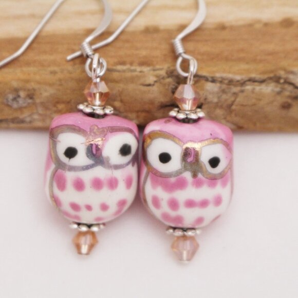 Pink Hand Painted Porcelain Owl Beaded Earrings - Handmade & Hypoallergenic - Picture 6 of 7